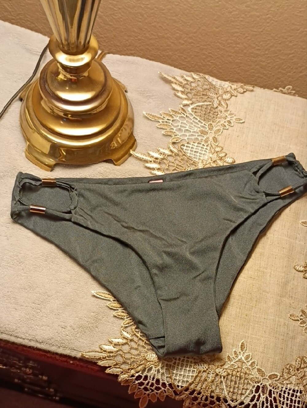 Agent Provocateur Charcoal Gray Bikini Brief with Gunmetal Accent Hardware Sz 3